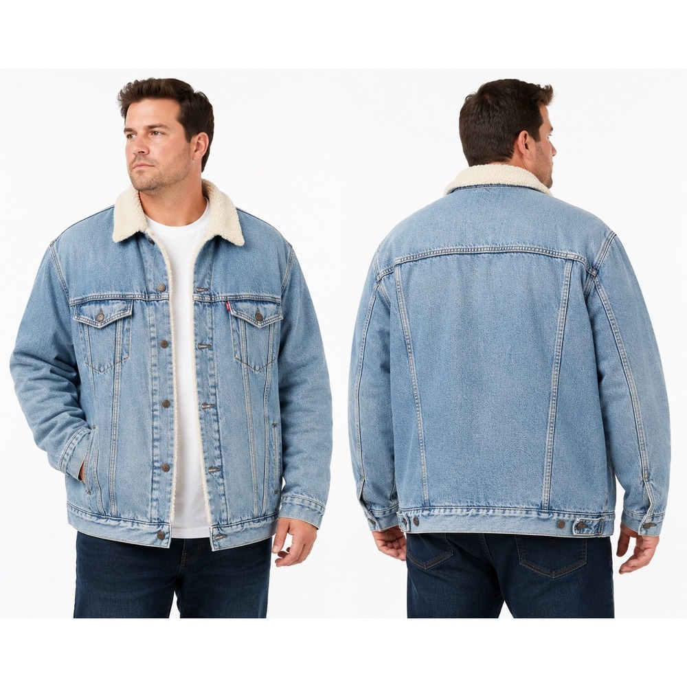 Levis Mens Sherpa Lined Trucker Jacket Light Wash Denim Blue XXL 16365-0122